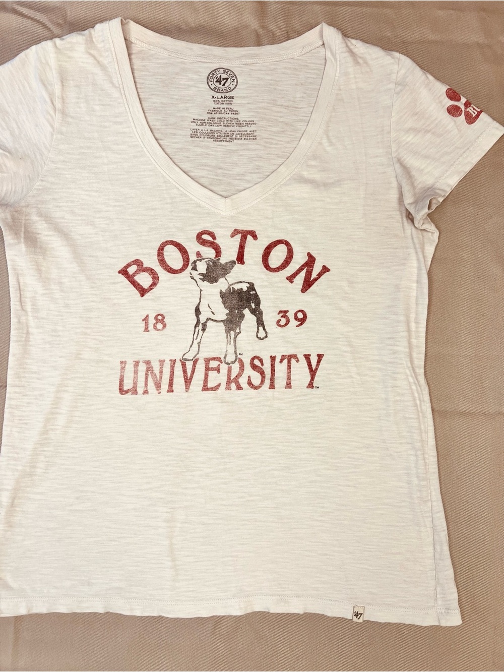 '47 Women's Vintage Boston University Cream V-Neck Tee with Red Print